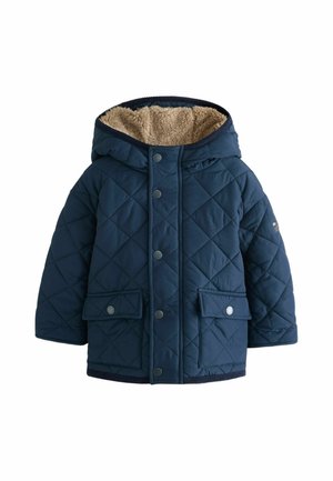 Chaqueta infantil acolchada azul marino con capucha, botones a presión, dos bolsillos delanteros con solapa y forro interior de forro polar beige en la capucha.