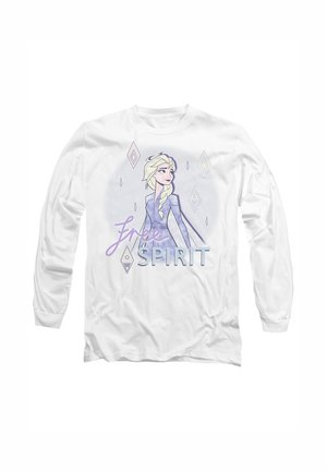 Long-sleeve white shirt featuring a character illustration and the text “Free Spirit” in purple, with diamond patterns surrounding the figure.