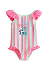 Bañador de una pieza con rayas verticales rosas y verdes, tirantes con volantes y un gráfico de panda con flores en la parte delantera.