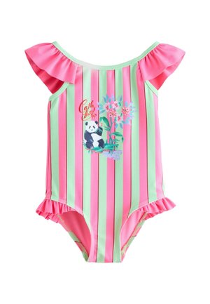 Einteiler-Badeanzug mit rosa und grünen vertikalen Streifen, gerafften Schulterriemen und einem Panda-Motiv mit Blumen auf der Vorderseite.