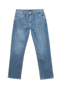 Jeans de mezclilla azul claro con corte recto, que cuentan con un cierre de botón y cremallera, y cinco bolsillos tradicionales. Textura suave con un desvanecimiento mínimo.