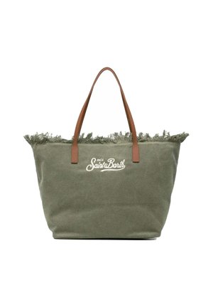 Grand sac cabas vert olive avec bord supérieur effiloché, poignées en cuir marron et logo blanc "MC2 Saint Barth" sur le devant.