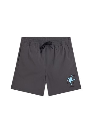 Donkergrijze zwembroek met elastische tailleband en zwart trekkoord, met een kleine blauwe afbeelding van een dansfiguur op het rechterbeen.