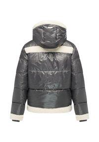 Polstret jakke med en grå skinnende overflade, hvid faux fur pynt ved skuldrene og kanten, hætte-design og struktureret syning.