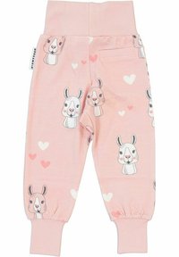 Rosa barnbyxor i mjuk bomull, med tryck av djuransikten och hjärtan, samt resårmidja och uppvikta anklar.