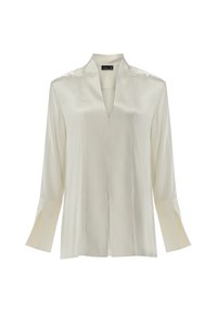 Weiße Satinbluse mit V-Ausschnitt, langen Ärmeln mit Schlitz an den Bündchen und glatter, glänzender Textur. Elegantes und minimalistisches Design.