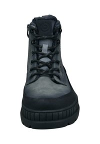 Schwarzer und dunkelgrauer High-Top-Stiefel mit gepolstertem Schaft, Schnürung, Gummisohle und Markenpatch an der Zunge.