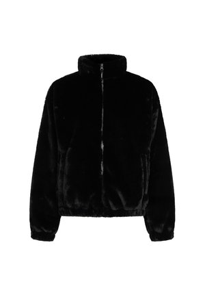 Čierna umelá kožušina s cykloprdačom, vysokým golierom a elastickými manžetami, s krátkym strihom a jemným, textúrovaným povrchom.