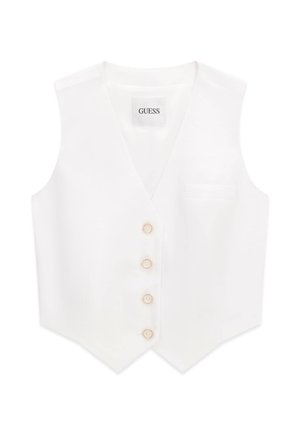 Gilet blanc sans manches avec col en V, quatre boutons beige, une poche poitrine et une étiquette GUESS à l'intérieur du col.