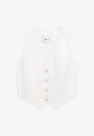Gilet blanc sans manches avec col en V, quatre boutons beige, une poche poitrine et une étiquette GUESS à l'intérieur du col.