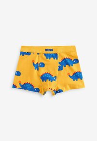 Boxers jaunes avec des motifs de dinosaures bleus ludiques, avec des épines rouges et une ceinture de marque bleue. Tissu en stretch doux.