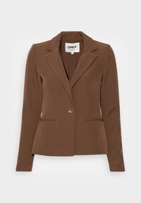Blazer marrone su misura da donna con rever a profondità, chiusura con un bottone e due tasche frontali a filetto, mostrato su sfondo bianco.