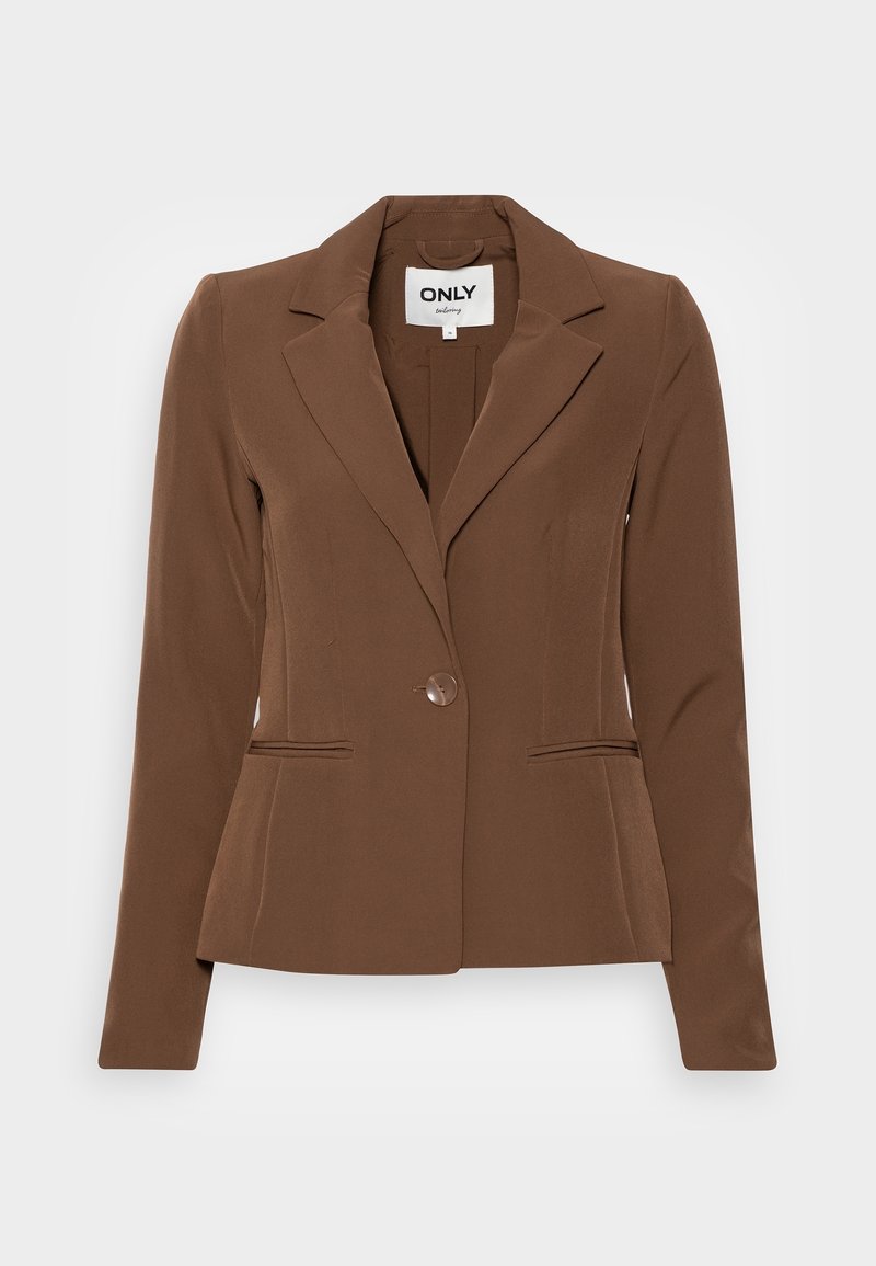 Blazer marrone su misura da donna con rever a profondità, chiusura con un bottone e due tasche frontali a filetto, mostrato su sfondo bianco.