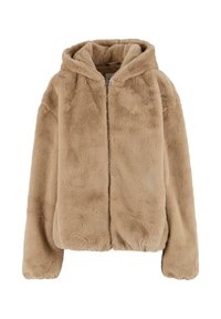 Hooded Jacke aus Kunstfell in Hellbeige, mit Reißverschluss, lässiger Passform und weicher Textur sowie glattem Innenfutter.