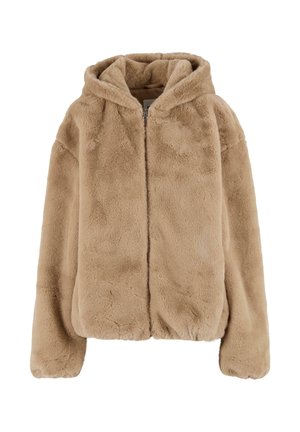 Hooded Jacke aus Kunstfell in Hellbeige, mit Reißverschluss, lässiger Passform und weicher Textur sowie glattem Innenfutter.