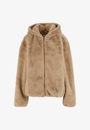 Faux fur hættejakke i lys beige, med lynlås, afslappet pasform og blød tekstur med en glat indvendig foring.
