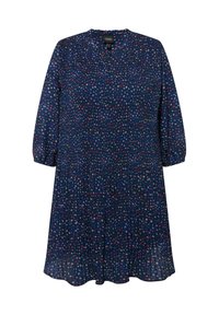 Tummansininen, polvipituinen mekko, jossa on pleeated-muotoilu, pyöreä kaula-aukko ja 3/4-hihat. Sisältää satunnaisen kukkakuosin punaisena ja valkoisena.