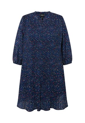 Mørkeblå kjole til knæene med plisseret design, rund halsudskæring og 3/4 ærmer. Har et spredt blomsterprint i rødt og hvidt.