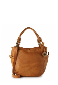 Borsa in pelle marrone con finitura texturizzata, doppio manico, tracolla rimovibile e un ciondolo a forma di ancora in metallo attaccato alla cerniera.