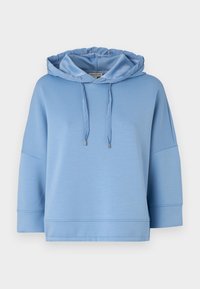 Sudadera con capucha de color azul claro, con un ajuste relajado, cordones ajustables y mangas anchas. Confeccionada en un tejido suave y liso, con un diseño sencillo.