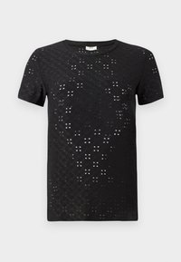 Zwarte T-shirt met korte mouwen, gekenmerkt door een gestructureerd patroon van uitsneden en een ronde hals. Gemaakt van lichtgewicht stof met een ontspannen pasvorm.