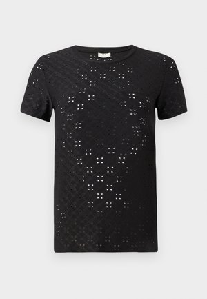 Black short-sleeve T-shirt featuring a textured pattern of cut-outs and a crew neck design. Made from lightweight fabric with a relaxed fit.