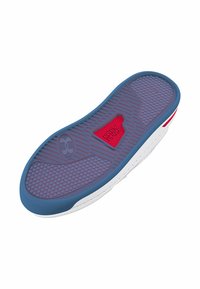 Shoe sole with a white base, blue textured rubber, and a red Under Armour logo. Features a patterned grip for traction.