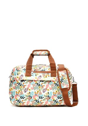 Sac de sport à motifs floraux avec poignées marron et bandoulière ajustable, poche avant zippée et rembourrage pour l'épaule.