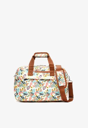 Rankų raštu išmargintas žiedų raštu sportinis krepšys su ruda rankena ir reguliuojamu peties diržu, priekyje esantis užtrauktuku užsegamas kišenė ir paminkštinta peties pagalvėlė.