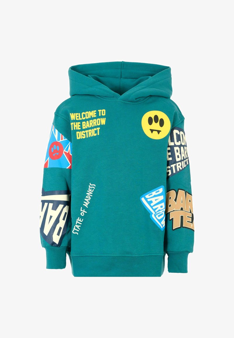 Felpa con cappuccio color turchese in misto cotone, dotata di una tasca frontale a marsupio, grafiche vivaci, faccina sorridente e vari elementi testuali in colori a contrasto.