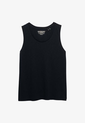 Czarny bezrękawnik Superdry z okrągłym dekoltem i małym haftowanym logo po lewej stronie klatki piersiowej. Metki widoczne wewnątrz kołnierza.