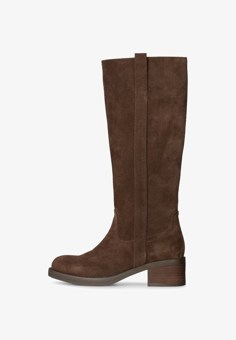 Brown suede knee-high boot with low stacked heel, round toe, and pull tab on the shaft, shown in side profile on white background.