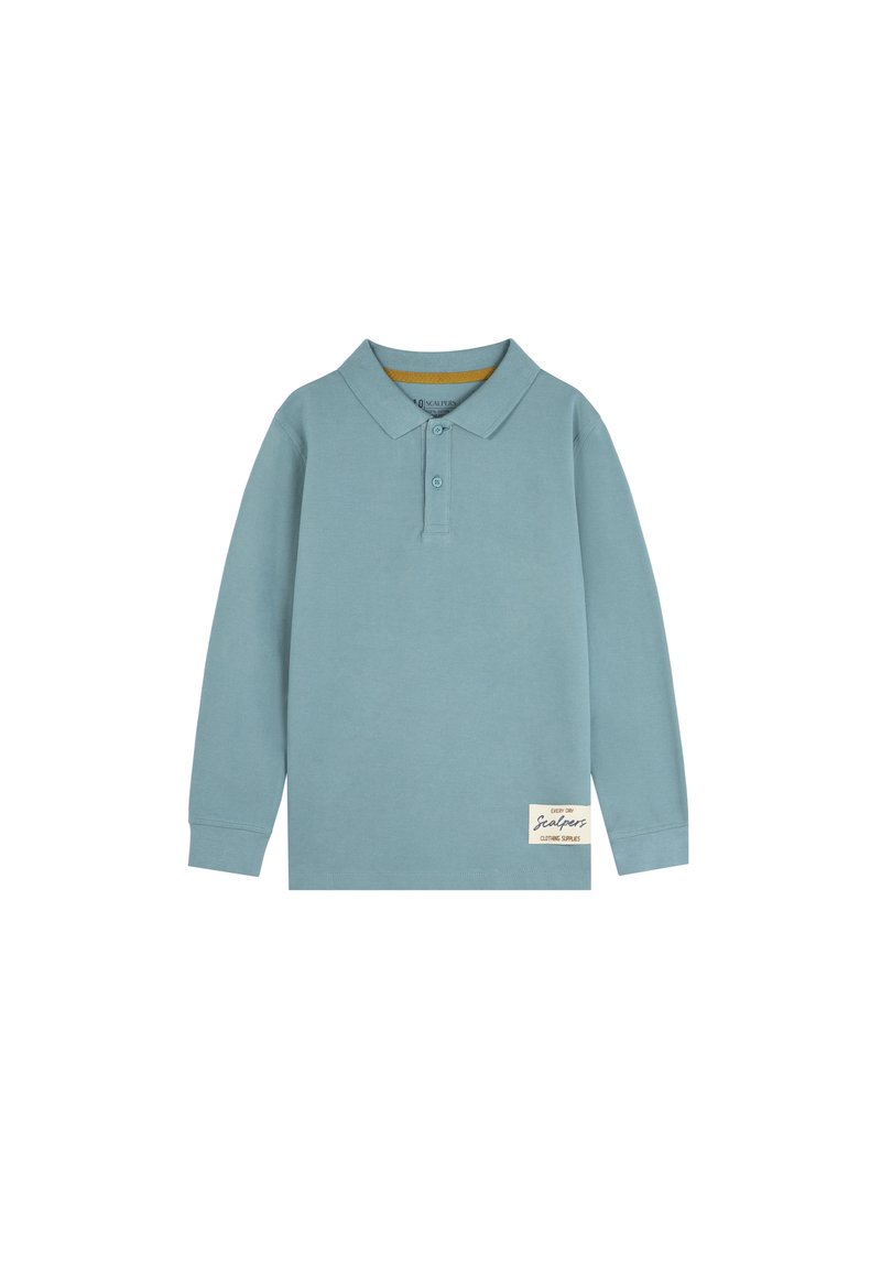 Polo a maniche lunghe azzurro chiaro in cotone, con colletto, tre bottoni e un'etichetta rettangolare con il marchio sull'orlo.