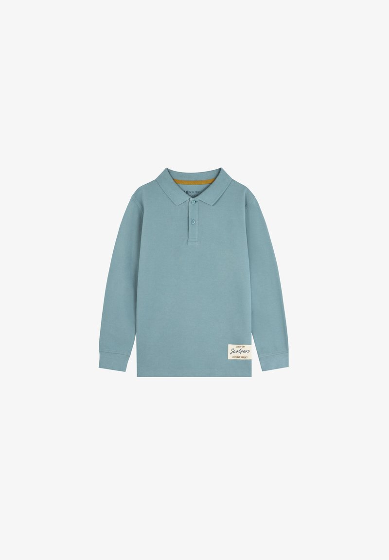 Lichtblauw poloshirt met lange mouwen, gemaakt van katoen, met een kraag, drie knopen en een rechthoekig label met branding op de zoom.