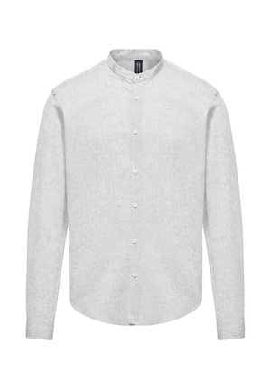 Camicia a maniche lunghe di colore grigio chiaro in lino, con colletto a bottoni, chiusura a bottoni e orlo leggermente curvo.