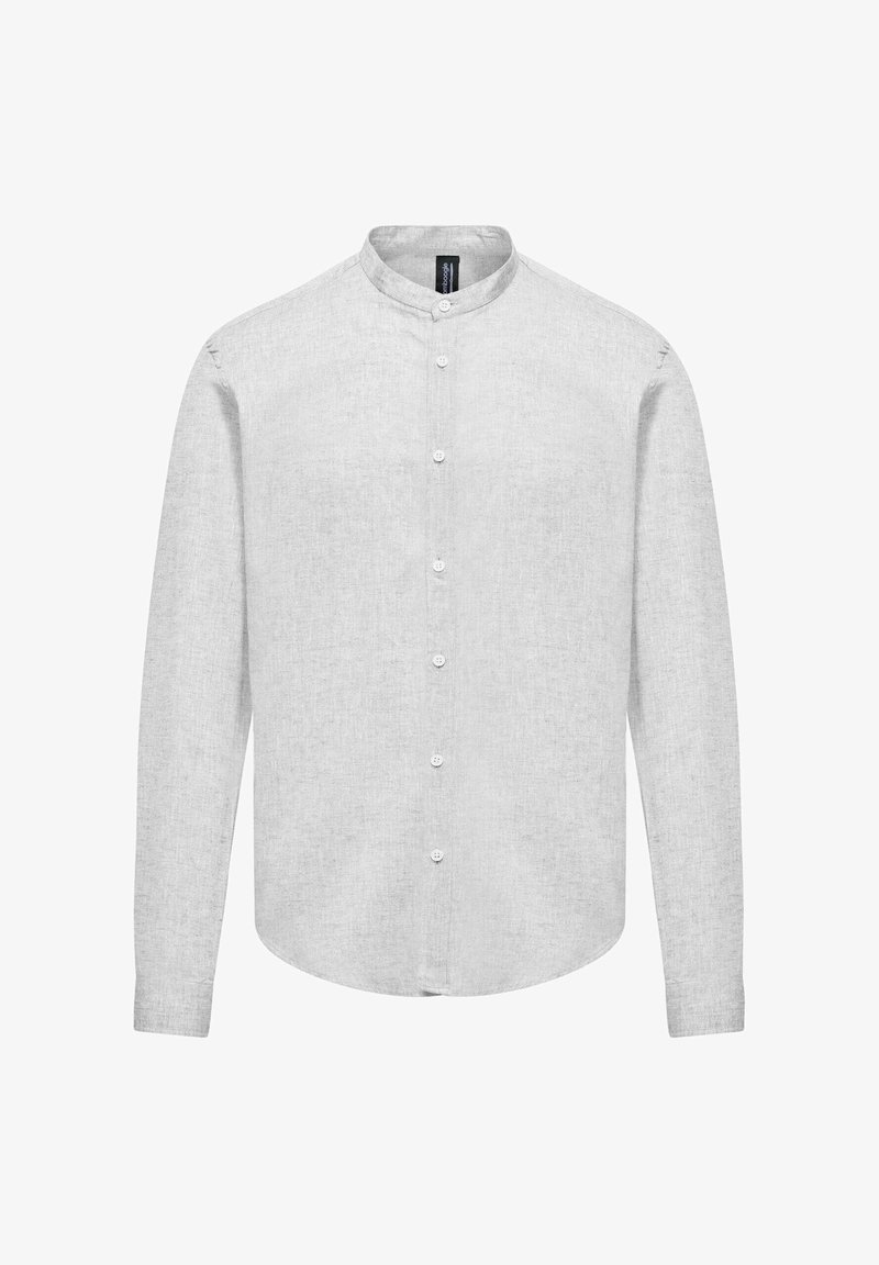 Lichtgrijs langemouwen shirt van linnen, met een button-down kraag, knoopsluiting en een licht gebogen zoom.