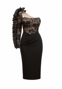 Sort kjole med en blondekrop med blomsterprint, lange plisserede ærmer og et figursyet skørt. Glat tekstur over det hele.