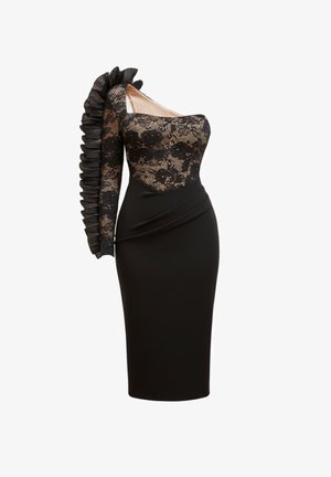 Vestido negro con un cuerpo de encaje con patrones florales, manga larga plisada y un diseño de falda ajustada. Textura suave en general.