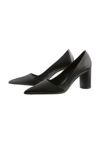Black leather pointed-toe pumps with block heels, side by side on a white background.