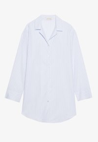 Camicia a maniche lunghe a strisce blu chiaro con colletto classico, chiusura con bottoni e orlo curvo. Realizzata in tessuto morbido e leggero.