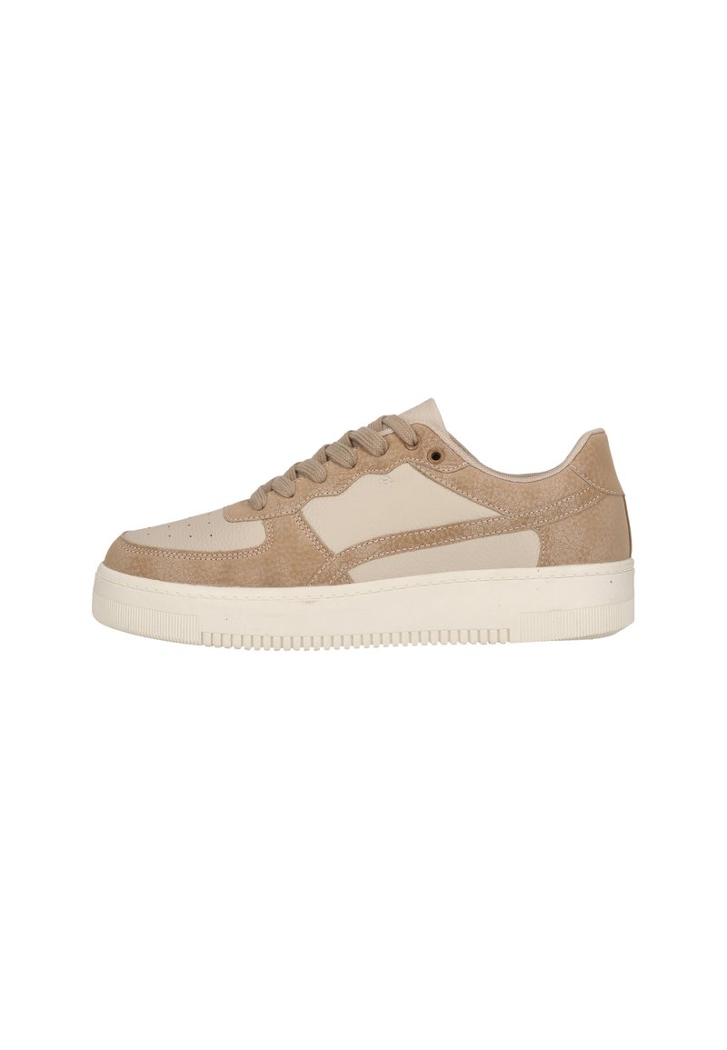 Beige Sneaker aus einer Mischung aus Wildleder und Leder, mit runder Zehenform, flachen Schnürsenkeln und geriffelter Gummisohle; glatte und strukturierte Akzente.