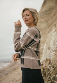 Beiger Wollpullover mit einem Karomuster aus dunkelblauen und weißen Streifen. Gerippte Bündchen und eine lockere Passform, kombiniert mit einem schwarzen Rock.