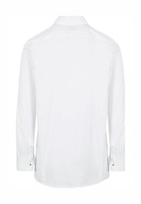 Weißes Langarmhemd mit klassischem Kragen, geknöpften Manschetten mit schwarzen Akzenten und glattem, strukturiertem Stoff.