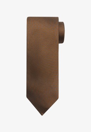 Brown patterned tie with a checkered texture, featuring a pointed end and a rolled design. Made from a smooth fabric.