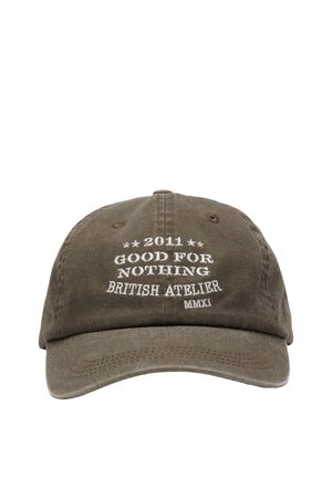Czapka bejsbolowa w kolorze oliwkowej zieleni wykonana z bawełny, z zakrzywionym daszkiem, z białym haftowanym napisem: "2011 GOOD FOR NOTHING BRITISH ATELIER MMXI."