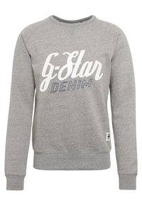 Sudadera gris de manga larga, con puños y dobladillo acanalados, que presenta letras en blanco y azul "G-Star DENIM" en la parte frontal.