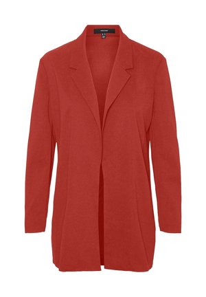 Damska marynarka o długich rękawach w kolorze rdzawej czerwieni, z otwartym przodem, klapą z wycięciem, miękkiego materiału i dopasowanego kroju.