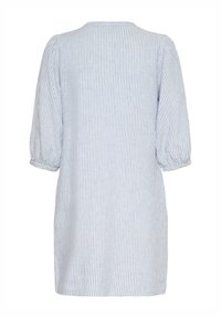 Tunique rayée bleu clair et blanche avec un col rond et des manches courtes et bouffantes. Tissu doux et texturé avec une coupe ample.