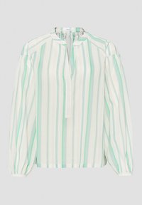 Blouse à manches longues avec des rayures verticales en blanc, vert clair et bleu pâle, avec un col rond et une ouverture partielle à l'avant.