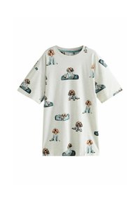 T-shirt di cotone grigio chiaro con stampa ripetuta di cani dei cartoni animati in pigiama. La maglietta ha una vestibilità comoda con maniche corte.